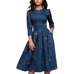 Simple Flavor NWT Floral Evening Flare Midi Dress Navy Blue Size S Classy Girly